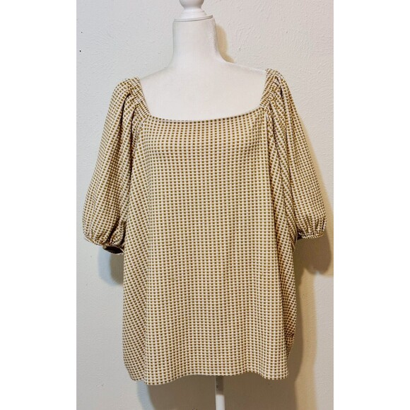 Ava & Viv Plus Size 4X Tan And White Balloon Sleeve Check Print Blouse Boho - Picture 1 of 10